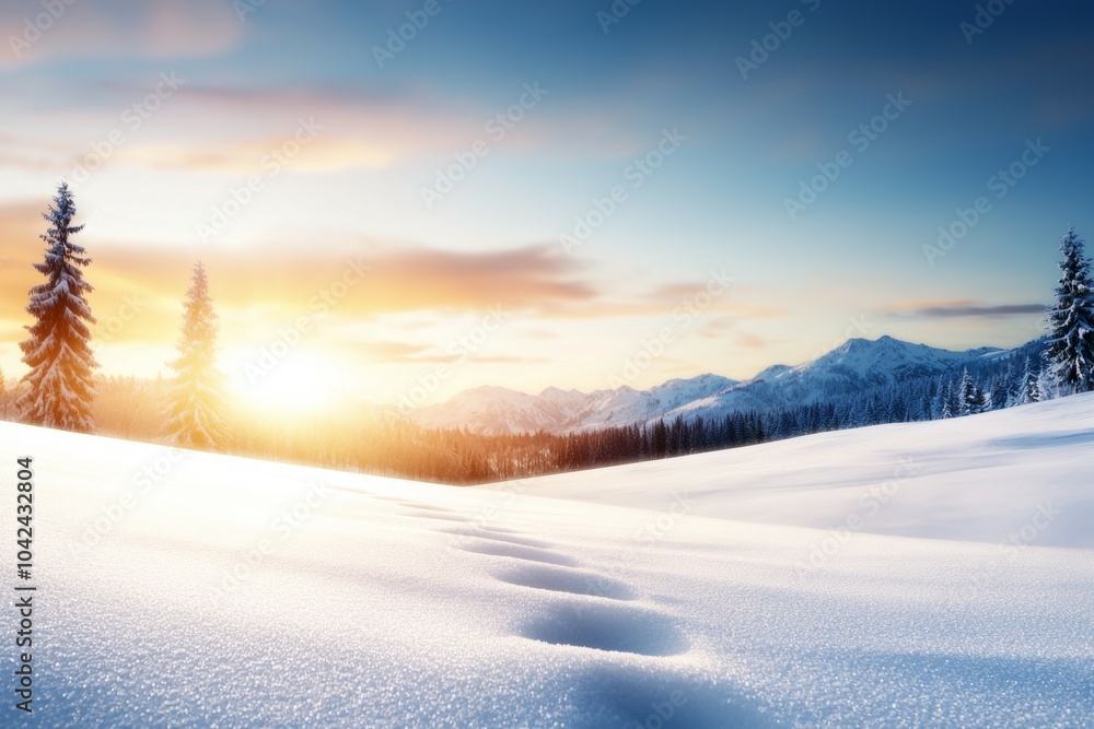 Poster a snowy field with a sun setting in the background