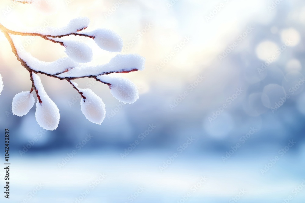 Poster A branch covered in snow with a blue sky in the background