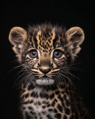 Obraz premium the baby Arabian Leopard, portrait view, white copy space on right, Isolated on black Background