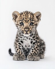 Obraz premium the baby Arabian Leopard, portrait view, white copy space on right, Isolated on white Background