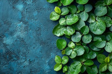 Lush Green Leaves on a Textured Blue Background