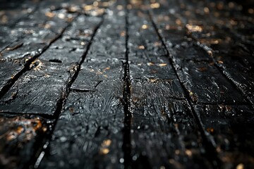 Fototapeta premium Close-up of Black Wooden Planks with Golden Gleams