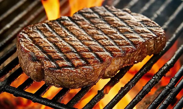 Sizzling Ancho Steak Over a Barbecue Grill, Surrounded by Flames &ndash; A Juicy, Delicious Cooking Experience