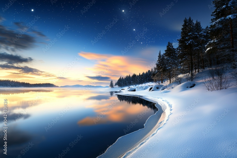 Sticker A beautiful winter scene with a lake and a snowy shoreline