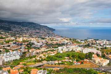 Aerial drone view of Funchal town, Madeira island, Portugal