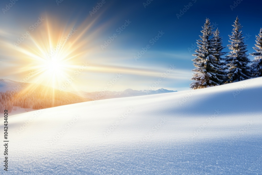 Sticker A snow covered field with a bright sun shining on it