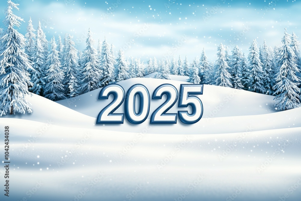 Poster A snowy landscape with a blue sky and a sign that says 2025 in white letters