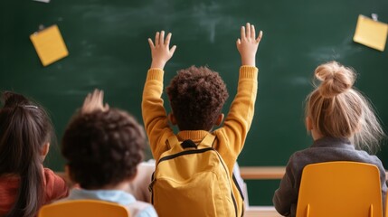 Raised hands in class of middle school.