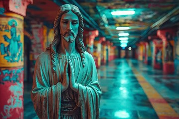 Naklejka premium Stone Statue of Jesus with Praying Hands in a Grafitti-Covered Tunnel
