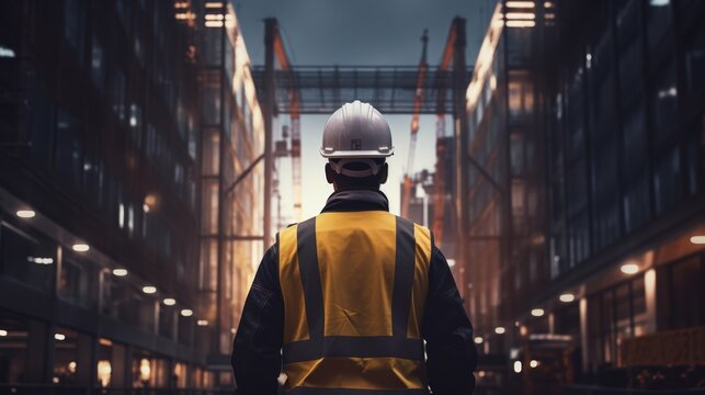 Construction worker in high vis vest and white helmet looking up at building under construction