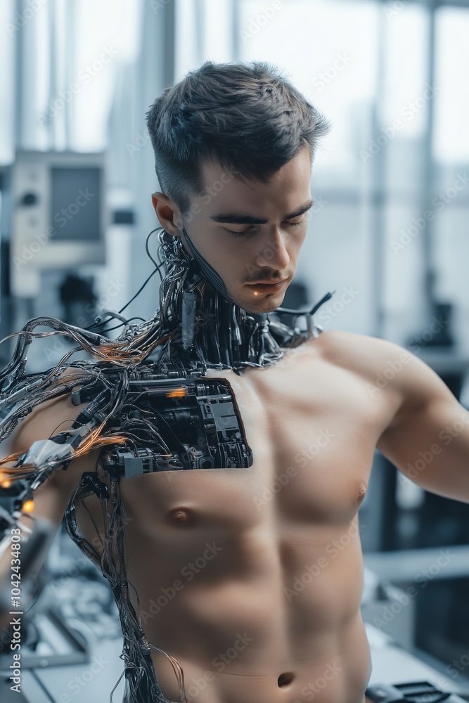Aufkleber a futuristic humanoid robot integrates technology into its physique in a high-tech laboratory enviro