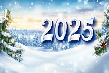A winter scene with snow and pine trees with the number 2025 written in white
