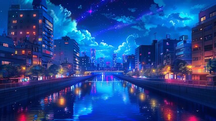 Obraz premium A vibrant, stylized cityscape at night, with a canal running through the center. The buildings are illuminated with warm lights, and the sky is filled with colorful clouds and shooting stars.