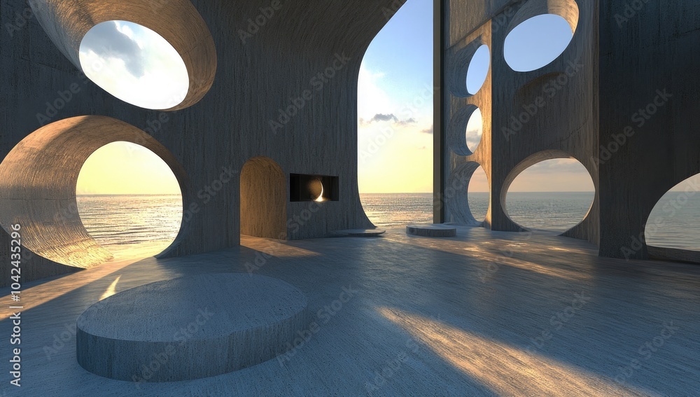 Poster a modern architectural space with circular openings overlooking a serene ocean view.