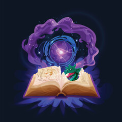 Spell book cast. Magic witchcraft open spell book with torn pages game icon for menu GUI, fantasy colorful grimoire with sparkling magic spell. Vector illustration. Educational mystic literature