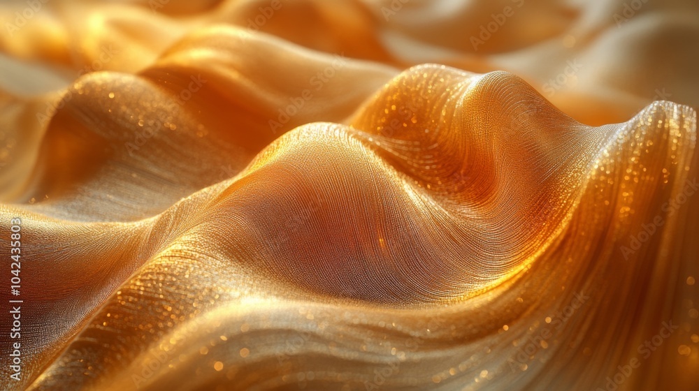 Fototapete Golden fabric flows elegantly, creating soft, wavy patterns that shimmer under the light, highlighting the texture and richness of the material.