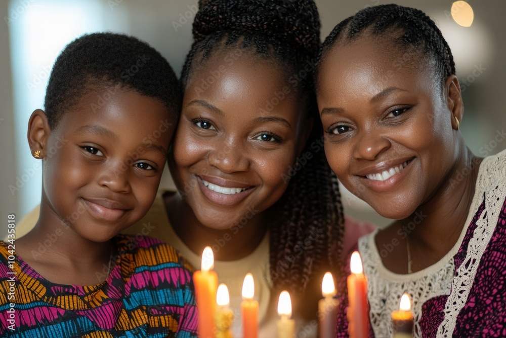 Poster Three women with their children are smiling and posing for a picture