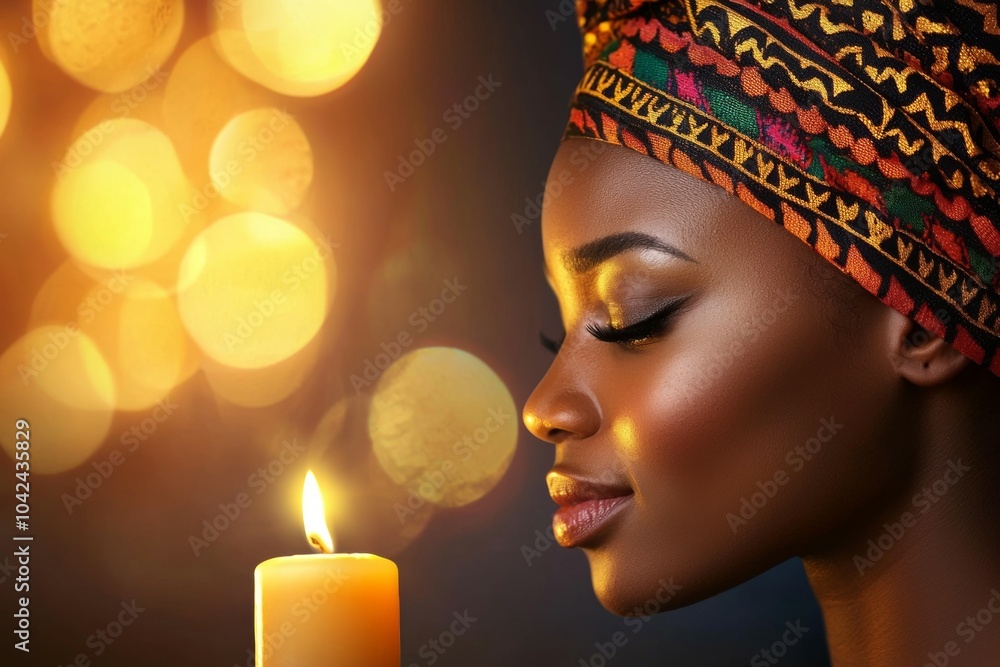 Poster A woman is sitting in front of a candle, with her face illuminated by the light