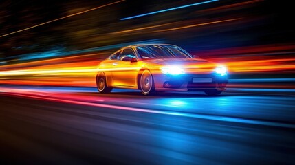 Fototapeta premium A car speeding down a highway at night with blurred lights.