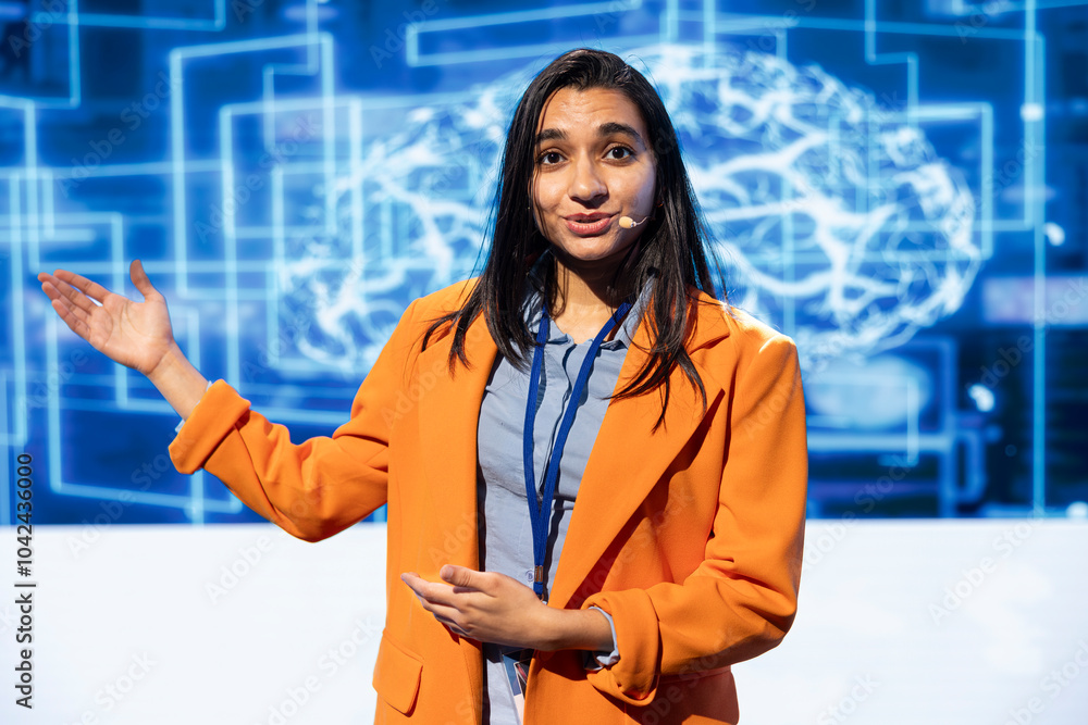 Aufkleber portrait of engaging presenter talking at ai convention using mic, sharing industry expertise to ins