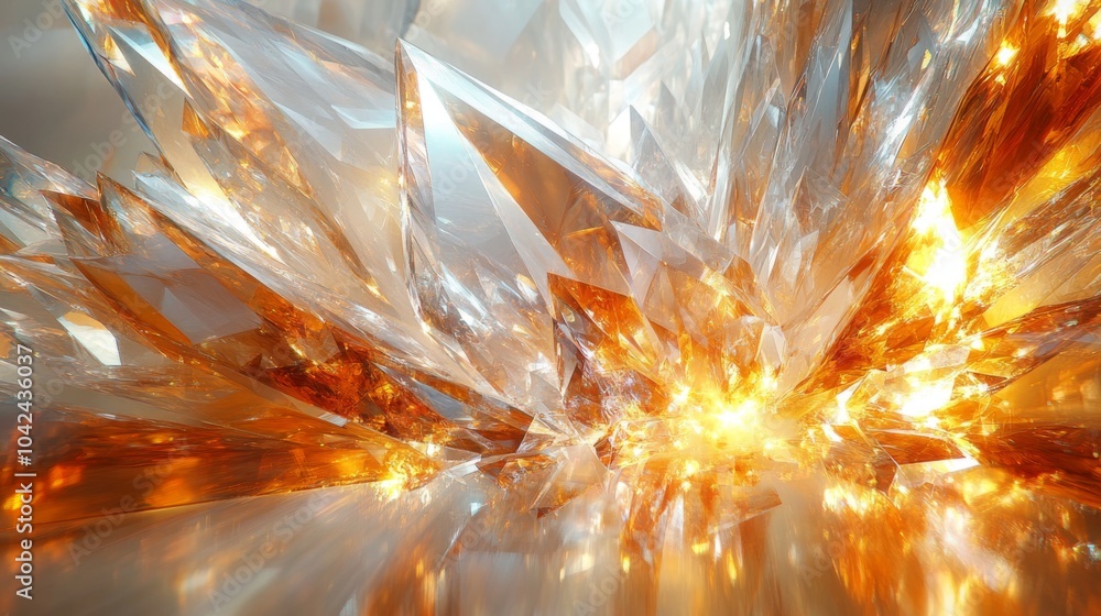 Poster Brilliant shards of orange and clear crystals burst apart, reflecting vibrant light. Their sharp edges and angles create an intriguing abstract display, captivating the viewer's attention.