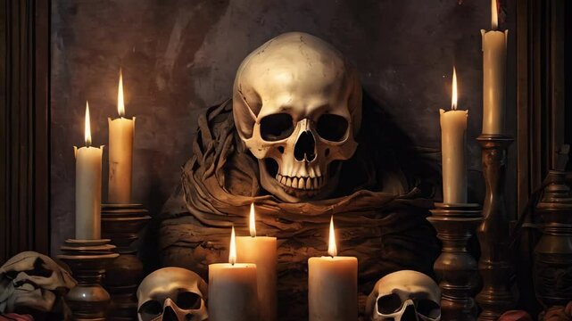 Memento Mori Still Life Featuring a Skull, Candles, and Roses on a Dark Background for Reflection