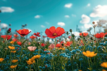 Obraz premium Red and Yellow Wildflowers in a Field Under a Blue Sky