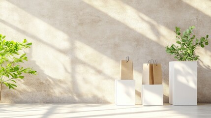 A minimalist interior scene with plants and paper bags on white pedestals against a textured wall.