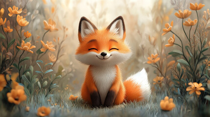 Obraz premium Cute Cartoon Fox in the Forest - Children's Illustration with Vibrant Colors and Playful Design