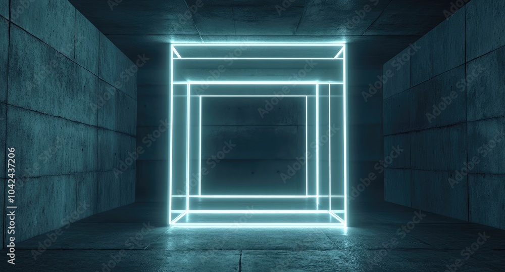 Poster a glowing cube structure in a dark, minimalist space, creating a futuristic ambiance.