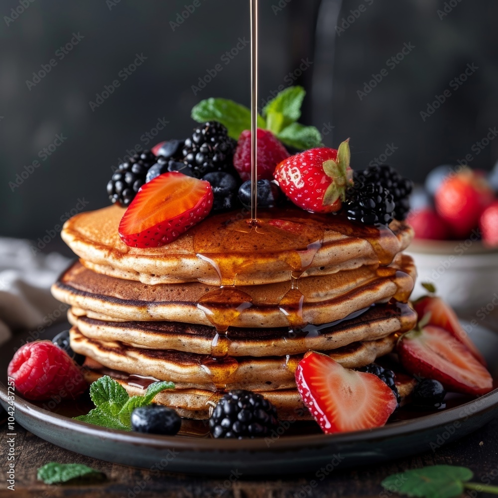 Poster a stack of pancakes topped with fresh berries drizzled in maple syrup and made using a mix of altern