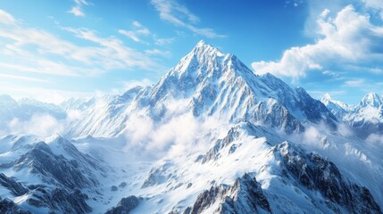 Naklejka premium A majestic snow-capped mountain peak rises above a sea of clouds under a bright blue sky.