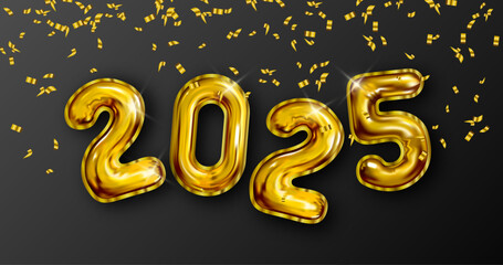 2025 Happy new year. Realistic gold balloon numbers of 2025. 