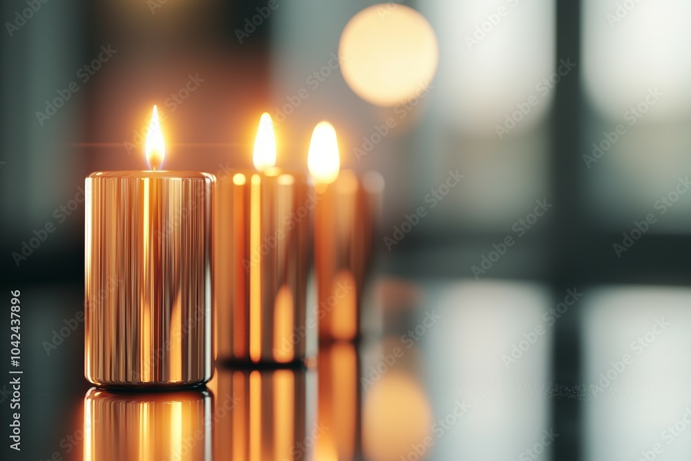 Poster a row of candles are lit and sitting on a table