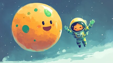 Naklejka premium A happy astronaut floats in space with a smiling planet in the background.