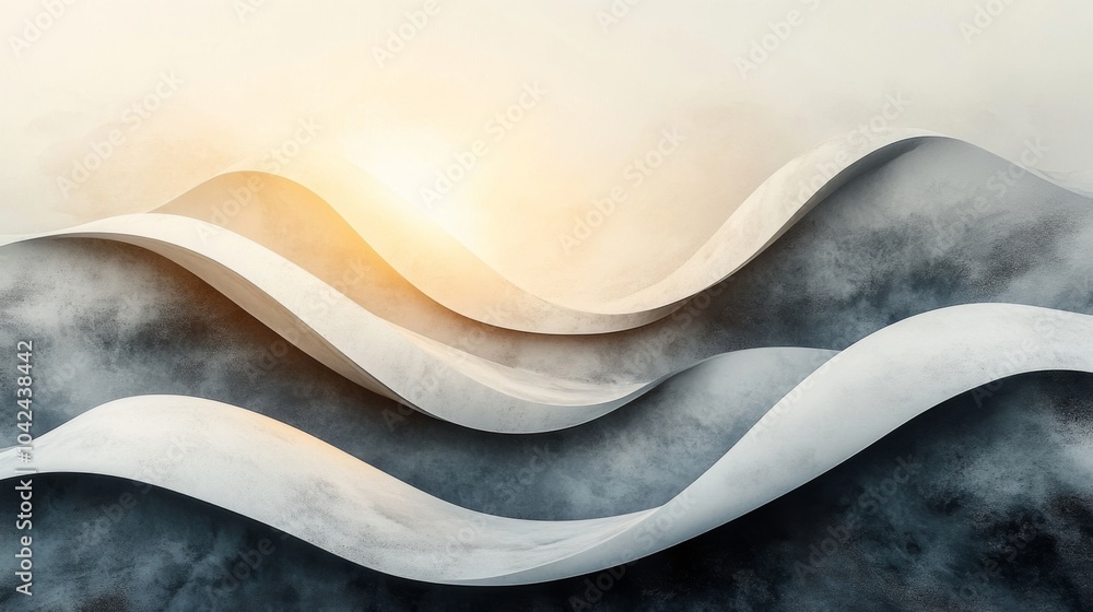 Poster Softly undulating curves create an abstract landscape, illuminated by warm light from the setting sun, evoking tranquility and calmness.