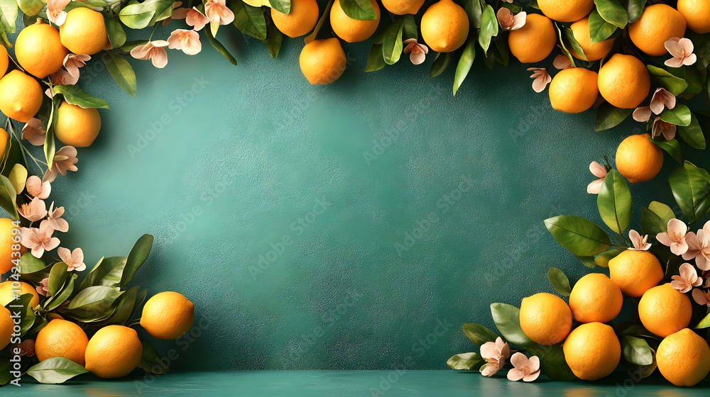 Sticker Citrus Fruit Branch Border on Green Background