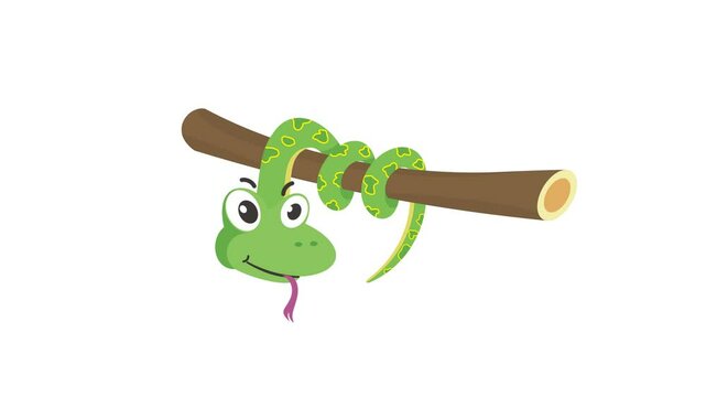 cute green snake cartoon illustration wrapped around the tree trunk, transparent background, alpha channel settings, looping animation