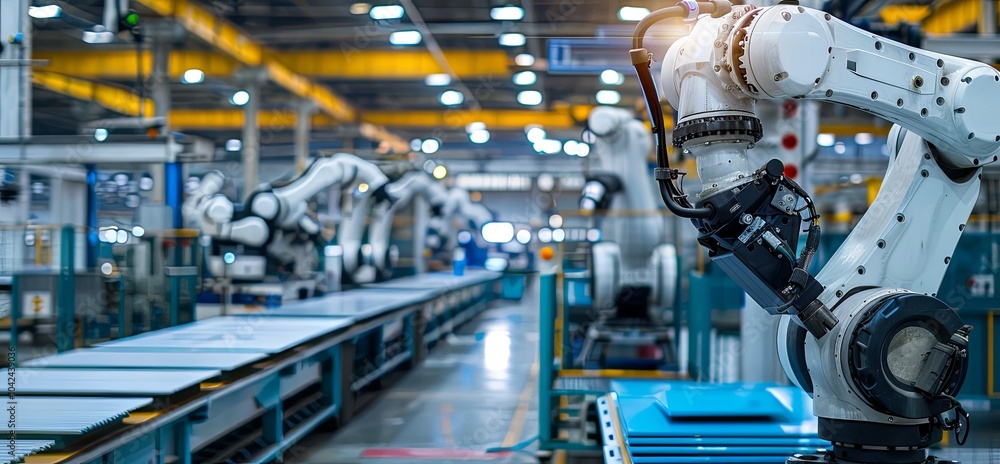 Poster modern robotic arms in an industrial setting with a conveyor belt and a blurred background of other 