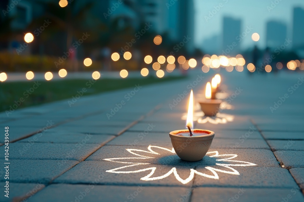 Poster a row of candles are lit on a sidewalk, creating a warm and inviting atmosphere