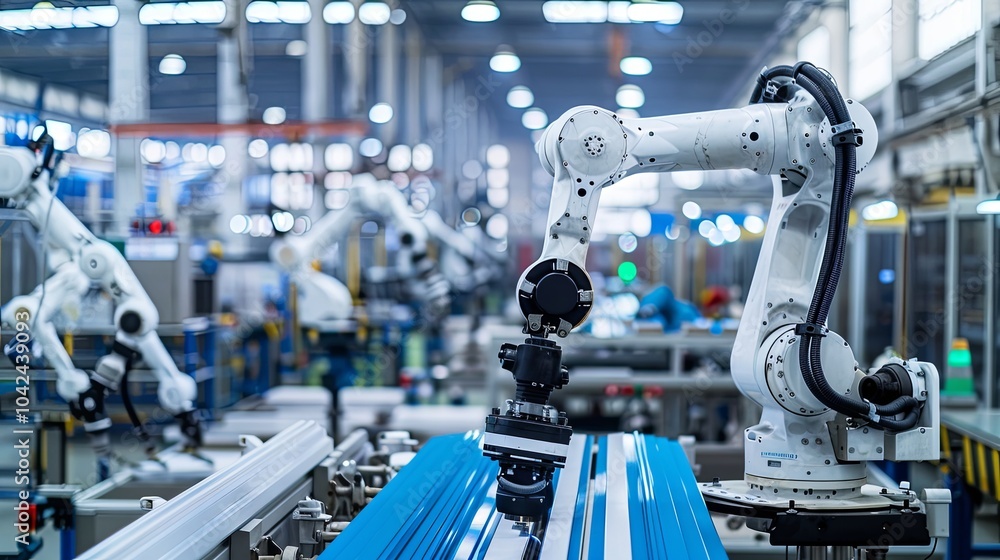 Poster multiple robotic arms work on an assembly line in a factory.