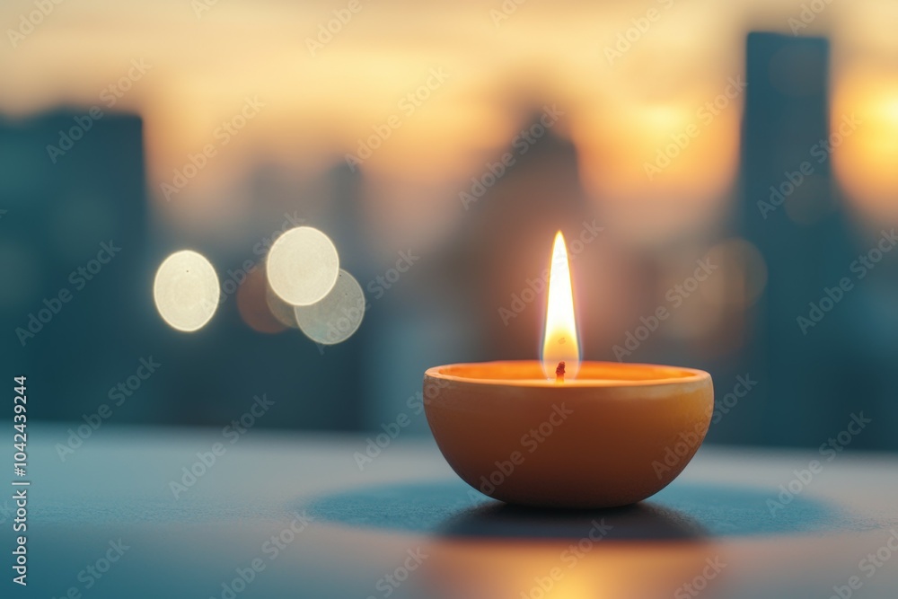 Canvas Prints A candle is lit in a small orange bowl on a table