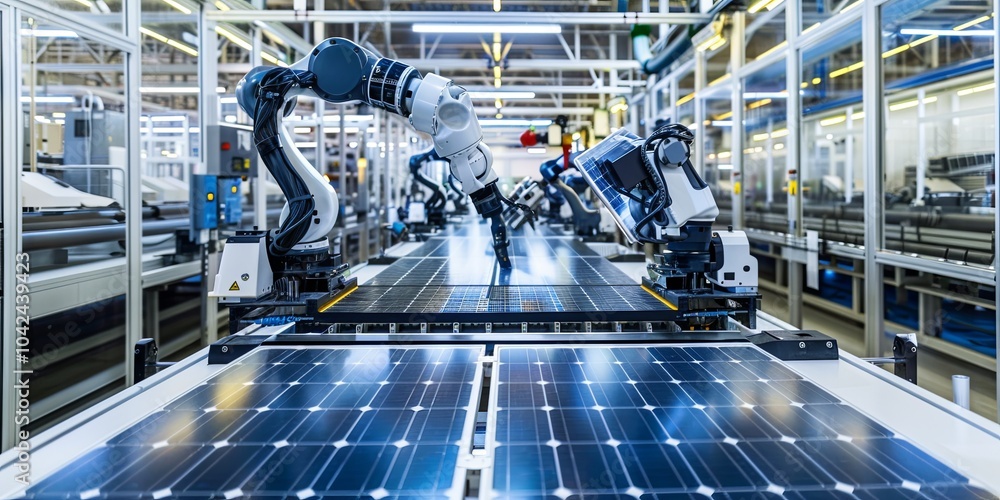 Poster robotic arms assembling solar panels on an automated production line.