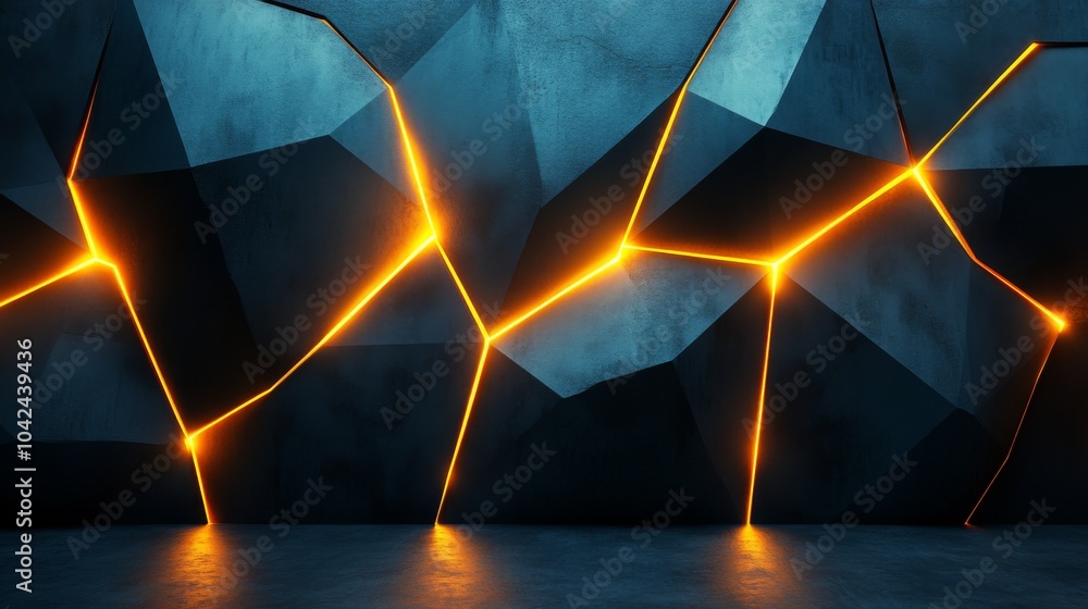 Aufkleber A striking abstract wall features illuminated cracks that create a unique and modern design. The interplay of dark surfaces and glowing edges adds depth and artistic flair to the setting.