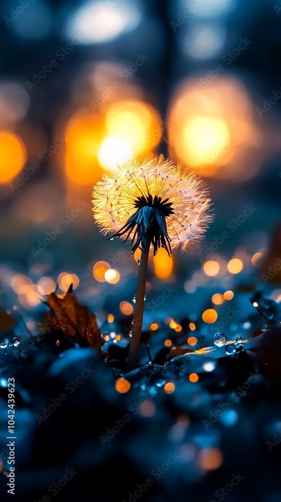 Poster a single dandelion seed head illuminated by soft, warm lights, creating a magical and dreamlike atmo