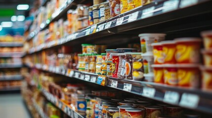 Fototapeta premium Aisle with canned goods and packaged products in a grocery store