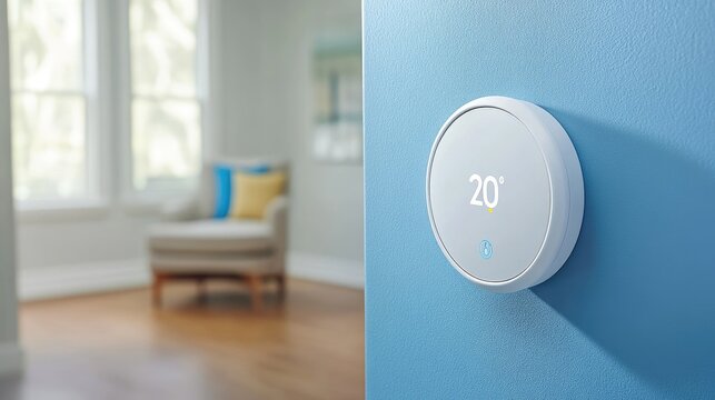 Smart thermostat on a blue wall. Perfect for articles on home automation and smart living.