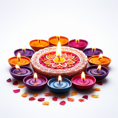 Celebrate the festival of lights of a traditional diya on a lotus flower, white background, happy diwali illustration