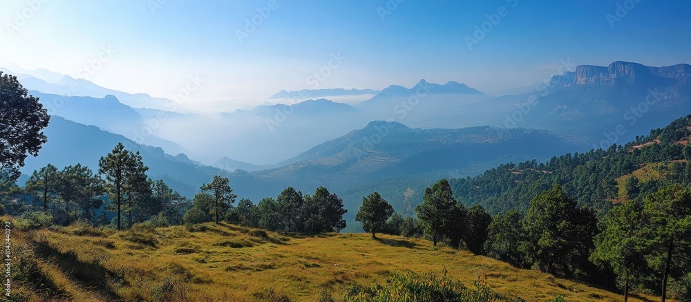 Poster a panoramic view of a mountain range with a hazy sky and scattered trees in the foreground.