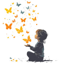 Child Playing with Butterflies in Magical Outdoor Scene